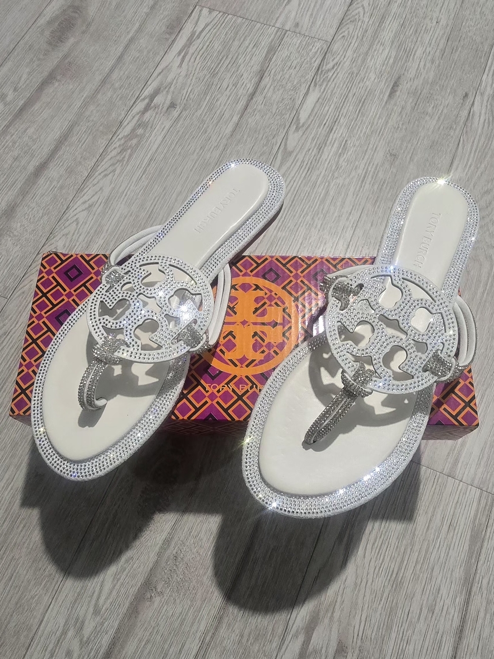 Tory Burch White Crystal Logo Thong Sandals